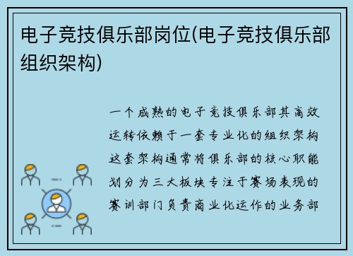 电子竞技俱乐部岗位(电子竞技俱乐部组织架构)